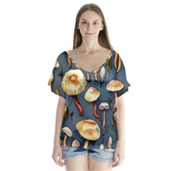 Forest Mushrooms V-neck Flutter Sleeve Top by GardenOfOphir