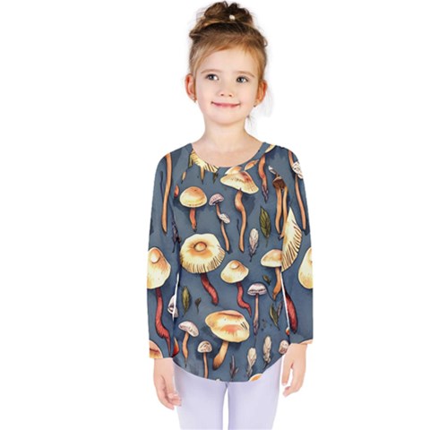 Forest Mushrooms Kids  Long Sleeve Tee by GardenOfOphir