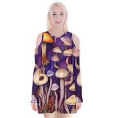 Whimsical Forest Mushroom Velvet Long Sleeve Shoulder Cutout Dress by GardenOfOphir