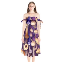 Whimsical Forest Mushroom Shoulder Tie Bardot Midi Dress by GardenOfOphir