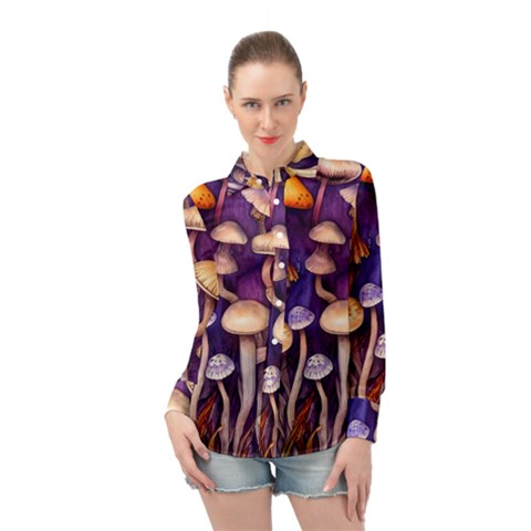 Whimsical Forest Mushroom Long Sleeve Chiffon Shirt by GardenOfOphir