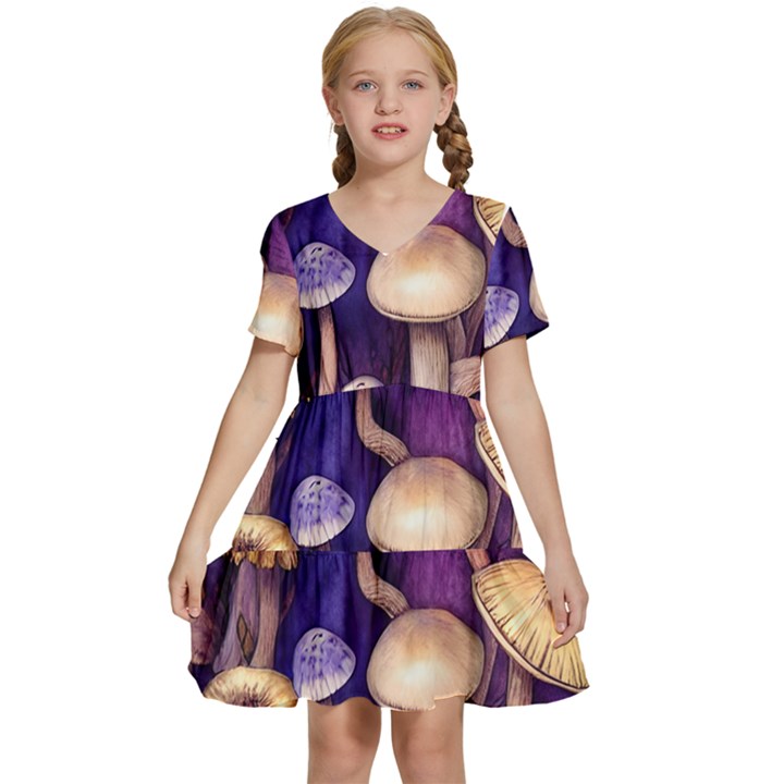 Whimsical Forest Mushroom Kids  Short Sleeve Tiered Mini Dress