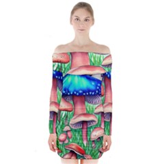 Light And Airy Mushroom Witch Artwork Long Sleeve Off Shoulder Dress by GardenOfOphir