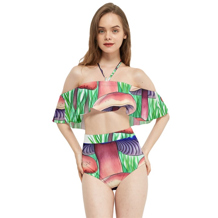 Light And Airy Mushroom Witch Artwork Halter Flowy Bikini Set 