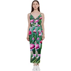 Foreboding Goblincore Mushroom V-neck Spaghetti Strap Tie Front Jumpsuit by GardenOfOphir