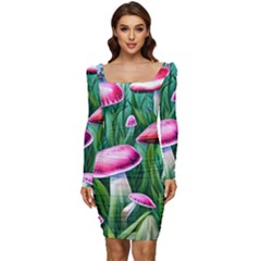 Foreboding Goblincore Mushroom Women Long Sleeve Ruched Stretch Jersey Dress by GardenOfOphir