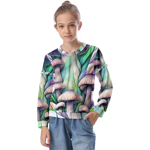 Woodsy Mushroom Kids  Long Sleeve Tee With Frill  by GardenOfOphir