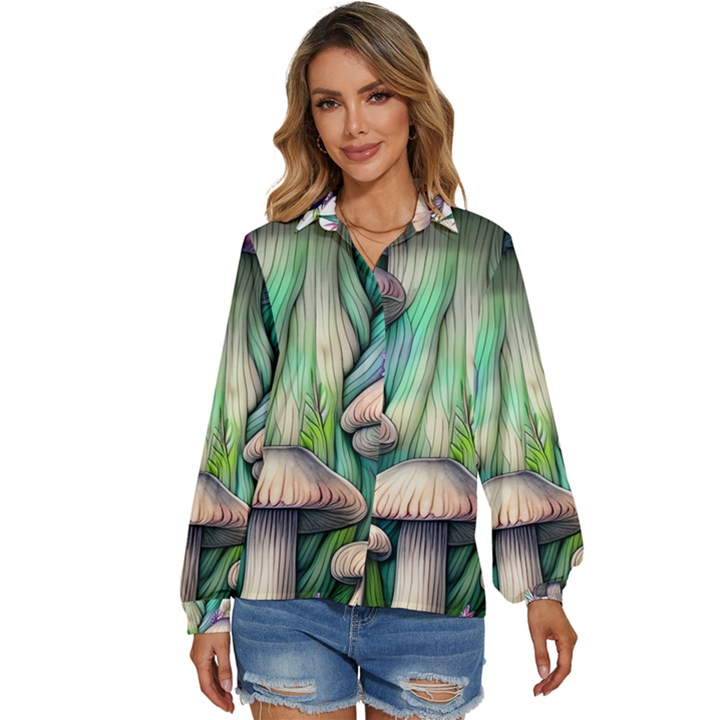 Woodsy Mushroom Women s Long Sleeve Button Down Shirt