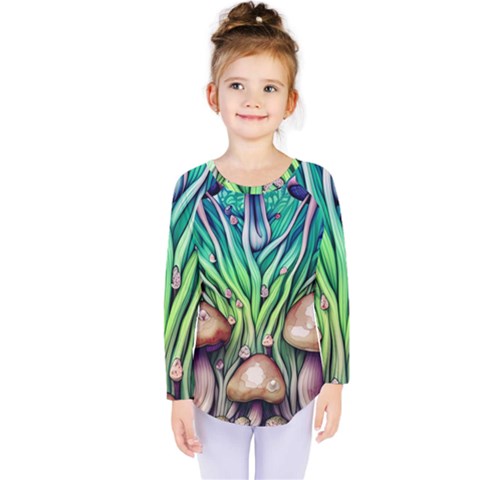 Goblin Core Forest Mushroom Kids  Long Sleeve Tee by GardenOfOphir