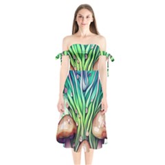 Goblin Core Forest Mushroom Shoulder Tie Bardot Midi Dress by GardenOfOphir