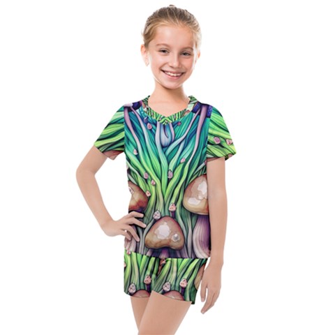 Goblin Core Forest Mushroom Kids  Mesh Tee And Shorts Set by GardenOfOphir