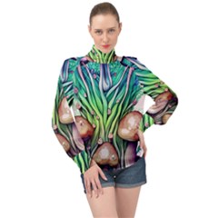 Goblin Core Forest Mushroom High Neck Long Sleeve Chiffon Top by GardenOfOphir