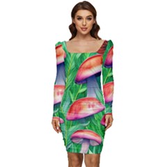 A Forest Fantasy Women Long Sleeve Ruched Stretch Jersey Dress