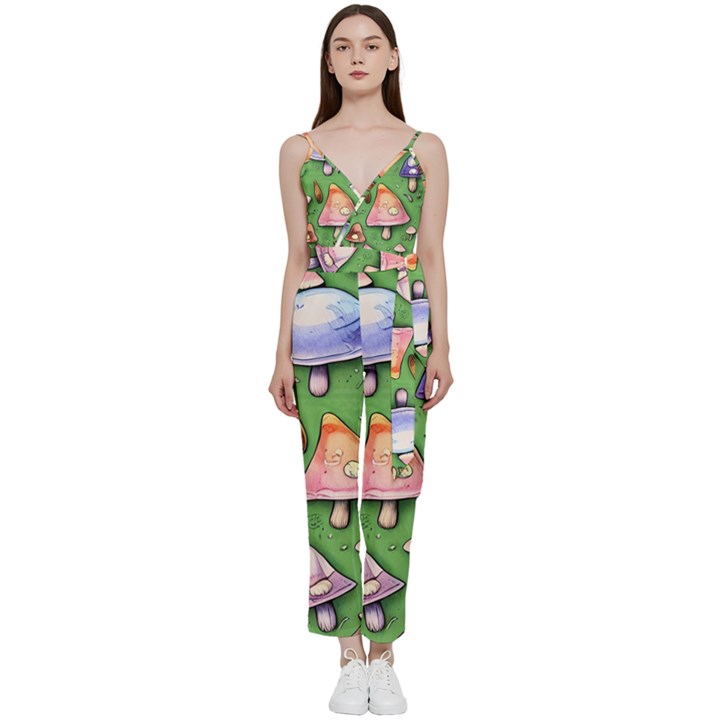 A Forest Core Farm Tale V-Neck Spaghetti Strap Tie Front Jumpsuit