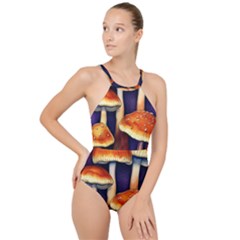 Nature s Woodsy Mushrooms High Neck One Piece Swimsuit by GardenOfOphir