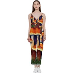 Nature s Woodsy Mushrooms V-neck Spaghetti Strap Tie Front Jumpsuit by GardenOfOphir