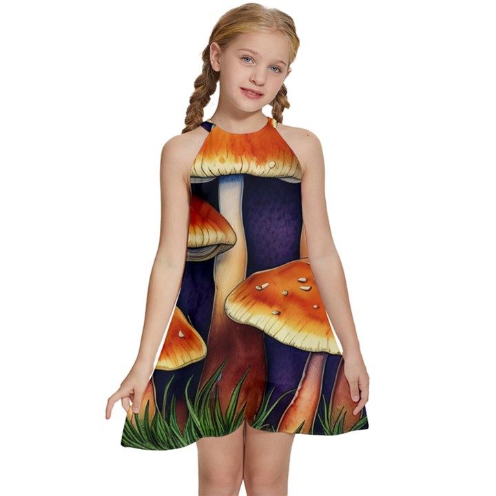 Nature s Woodsy Mushrooms Kids  Halter Collar Waist Tie Chiffon Dress