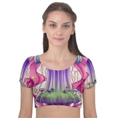 Foresty Mushrooms Velvet Short Sleeve Crop Top  by GardenOfOphir