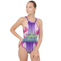 Foresty Mushrooms High Neck One Piece Swimsuit by GardenOfOphir