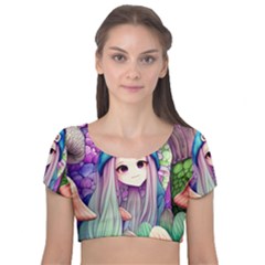 Fantasy Mushrooms Velvet Short Sleeve Crop Top  by GardenOfOphir