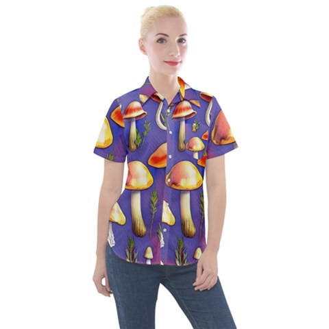 Farmcore Mushrooms Women s Short Sleeve Pocket Shirt by GardenOfOphir