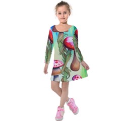 Warm Mushroom Forest Kids  Long Sleeve Velvet Dress by GardenOfOphir