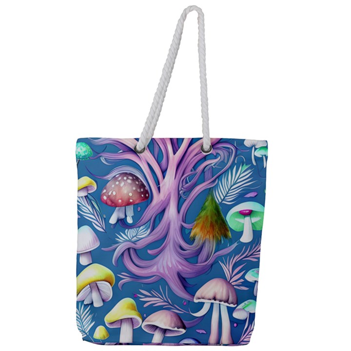 Mushroom Forest Nature Fairy Boho Full Print Rope Handle Tote (Large)