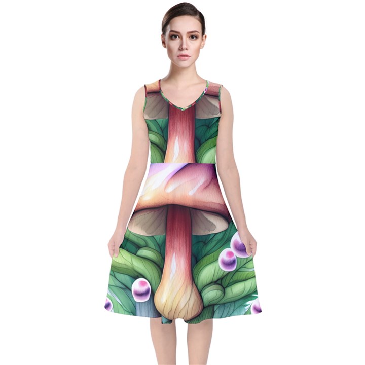 Tiny Mushroom Forest Antique V-Neck Midi Sleeveless Dress 