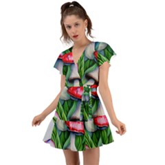 Woods Mushroom Forest Academia Core Flutter Sleeve Wrap Dress by GardenOfOphir