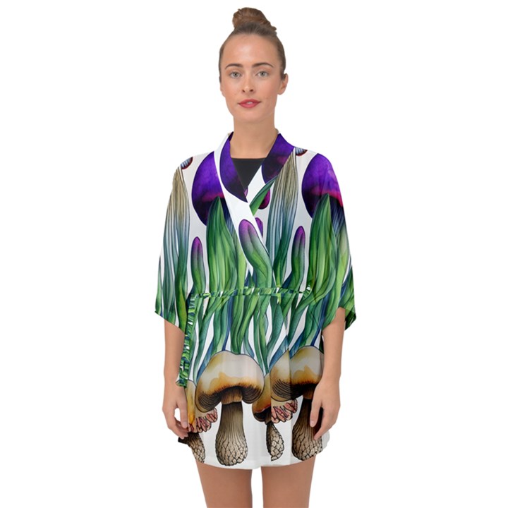 Cozy Mushroom Forest Historical Boho Half Sleeve Chiffon Kimono