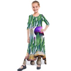 Cozy Mushroom Forest Historical Boho Kids  Quarter Sleeve Maxi Dress by GardenOfOphir