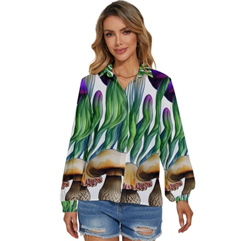 Cozy Mushroom Forest Historical Boho Women s Long Sleeve Button Down Shirt by GardenOfOphir