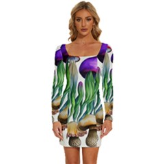 Cozy Mushroom Forest Historical Boho Long Sleeve Square Neck Bodycon Velvet Dress by GardenOfOphir