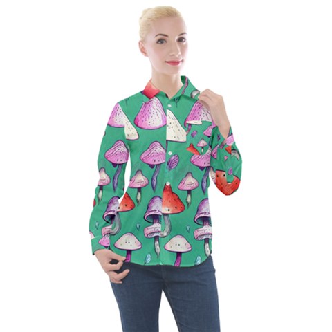 Goblin Mushroom Forest Boho Witchy Women s Long Sleeve Pocket Shirt by GardenOfOphir