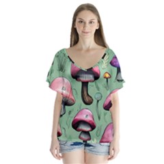 Boho Woods Mushroom V-neck Flutter Sleeve Top by GardenOfOphir