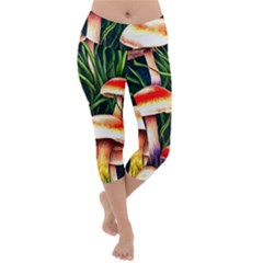 Mushroom Fairy Garden Lightweight Velour Capri Yoga Leggings by GardenOfOphir