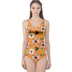 Flower Orange Pattern Floral One Piece Swimsuit by Dutashop