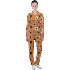 Flower Orange Pattern Floral Casual Jacket And Pants Set by Dutashop