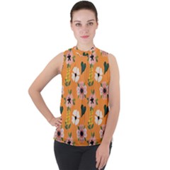 Flower Orange Pattern Floral Mock Neck Chiffon Sleeveless Top by Dutashop