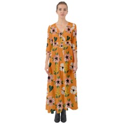 Flower Orange Pattern Floral Button Up Boho Maxi Dress by Dutashop