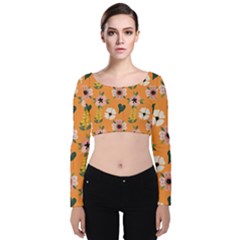 Flower Orange Pattern Floral Velvet Long Sleeve Crop Top by Dutashop