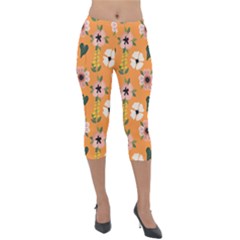 Flower Orange Pattern Floral Lightweight Velour Capri Leggings 