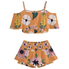 Flower Orange Pattern Floral Kids  Off Shoulder Skirt Bikini by Dutashop