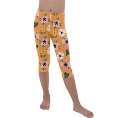 Flower Orange Pattern Floral Kids  Lightweight Velour Capri Leggings  by Dutashop