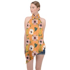 Flower Orange Pattern Floral Halter Asymmetric Satin Top