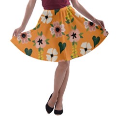 Flower Orange Pattern Floral A-line Skater Skirt by Dutashop