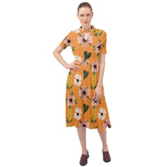 Flower Orange Pattern Floral Keyhole Neckline Chiffon Dress