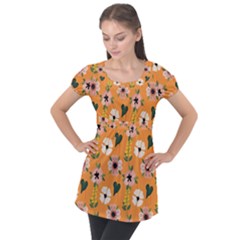 Flower Orange Pattern Floral Puff Sleeve Tunic Top by Dutashop