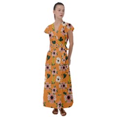 Flower Orange Pattern Floral Flutter Sleeve Maxi Dress