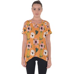 Flower Orange Pattern Floral Cut Out Side Drop Tee